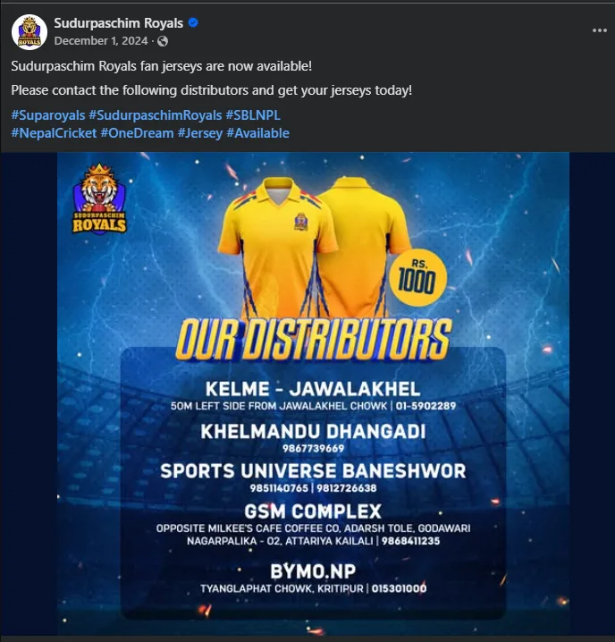 sudurpaschim royals jersey buy
