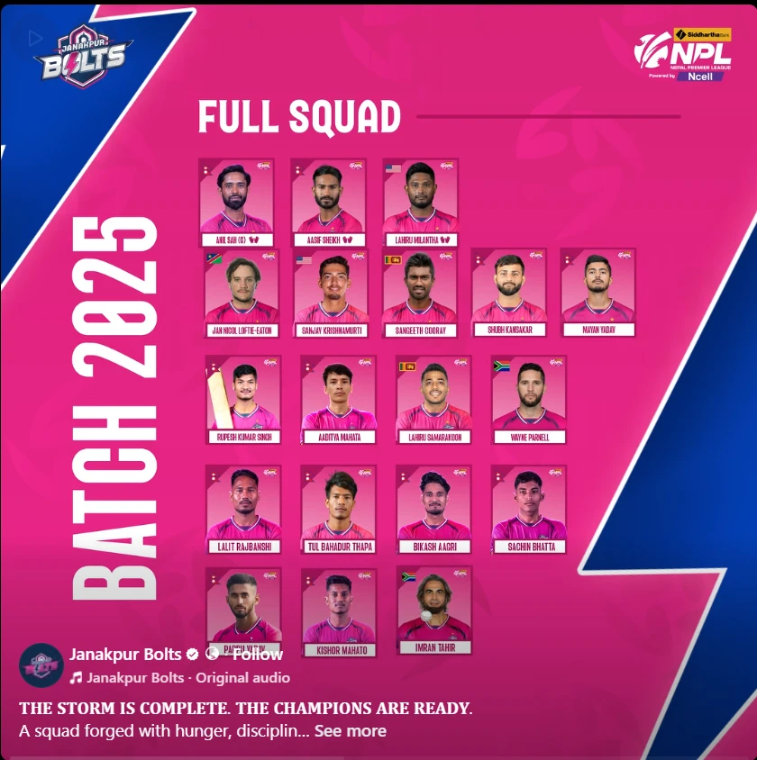 Janakpur Bolts vs Kathmandu Gorkhas NPL 2025 - Match Preview Janakpur Bolts Squad