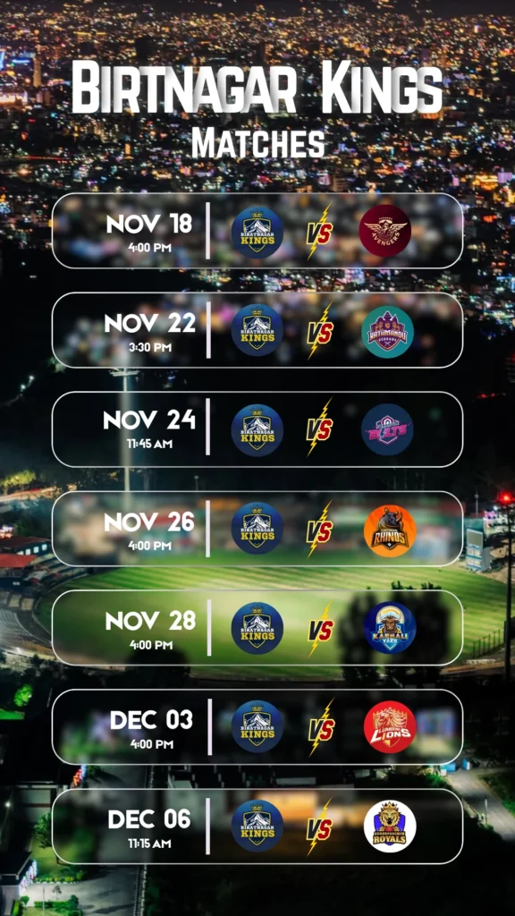 Biratnagar Kings Match Schedule for NPL Season 2