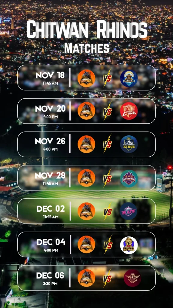 Chitwan Rhinos Match Schedule for NPL Season 2