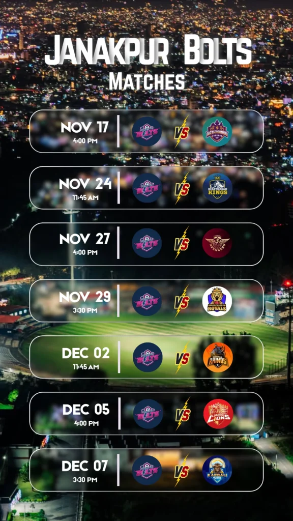Janakpur Bolts Match Schedule for NPL Season 2