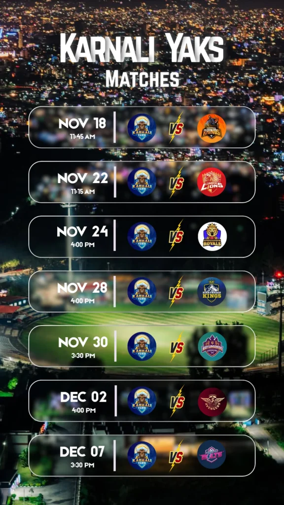 Karnali Yaks Match Schedule for NPL Season 2