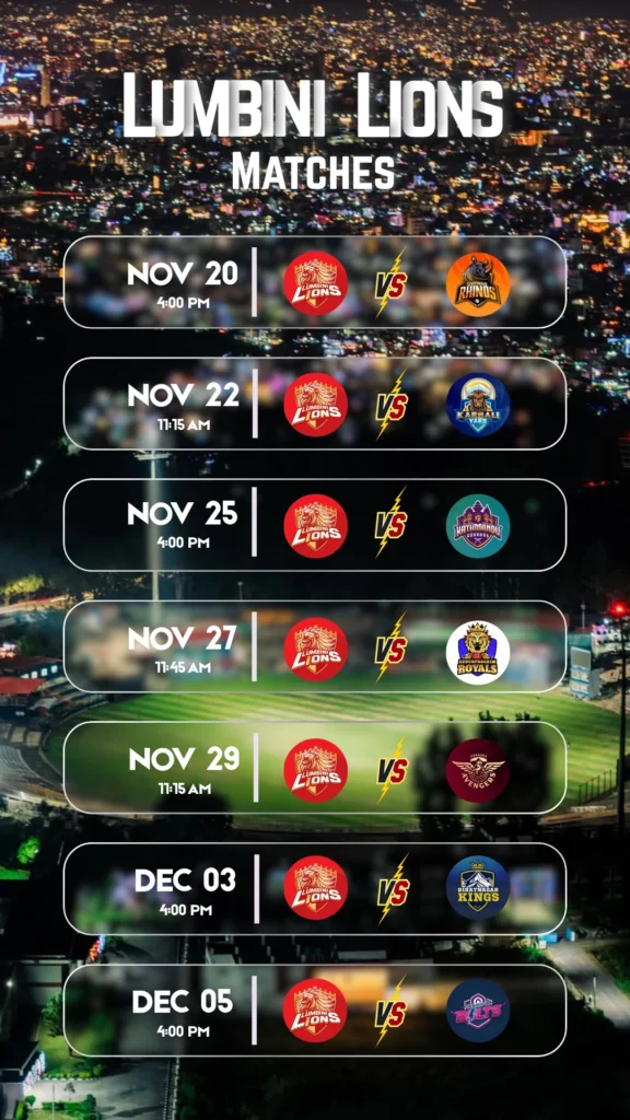 Lumbini Lions Match Schedule for NPL Season 2