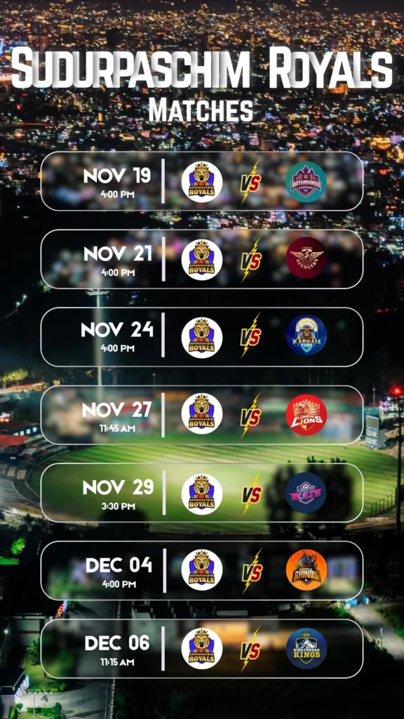 Sudurpaschim Royals Match Schedule for NPL Season 2