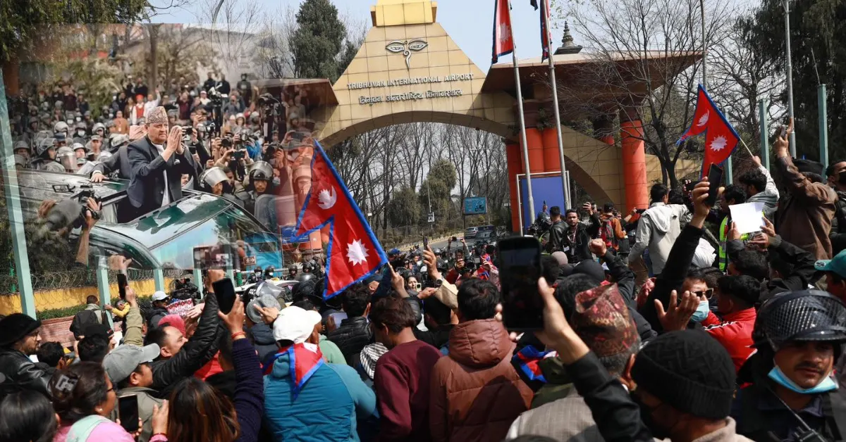 Royalist supporters gather at Tribhuvan International Airport Kathmandu February 13 2026